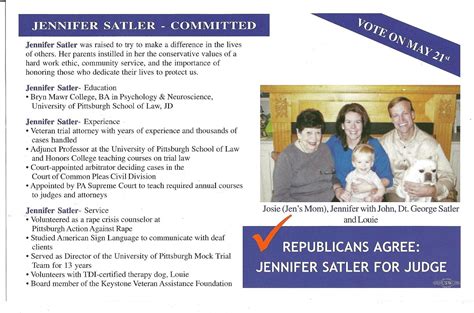 Jennifer satler democrat or republican. The Allegheny County Labor Council and the county Democratic Committee endorsed Murray, Tranquilli, Satler and Cozza. Roddey said the Republican Committee does not endorse candidates at the local level but its members support Ward. Being a good lawyer is not enough to make a good judge, said Downtown attorney and candidate Joseph V. Luvara. 