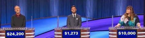 More information about Final Jeopardy: (The following write-up is original content and is copyright 2022 The Jeopardy! Fan. It may not be copied without linked attribution back to this page.) ... 19.30% in first on buzzer (11/57) 1/1 in Final Jeopardy Average Coryat: $8,600. Anne Large, career statistics: 10 correct, 4 incorrect. 