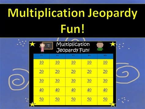 Jeopardy multiplication. Multiplication Facts Division Word Problems Multiplication Word Problems Division Mystery; 100. What is 6 x 4? 24. 100. What is 15 divided by 5? 3. 100. You have three packs of pens. Each pack contains 4 pens. How many pens do you have in total? ... Create your own jeopardy-like game without powerpoint for free ... 