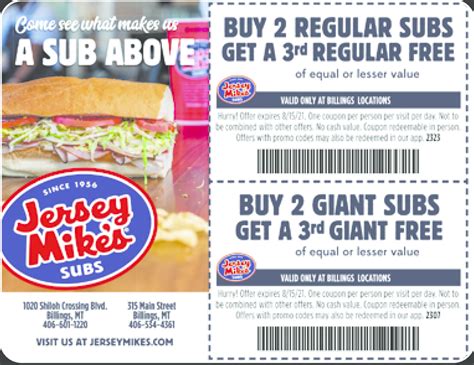 Jersey mike's coupons buy one get one free today. Valid at any Jersey Mike's Subs. One coupon per person per visit. Not to be combined with other offers. No cash value. ... Jersey Mike's - Strongsville BUY 2 REGULAR SUBS, GET A 3RD REGULAR FREE! *of equal or lesser value. Expires 11/15/2023. Promo Code STRONGSVILLE23. One coupon per person per visit per day. Not to be combined with … 