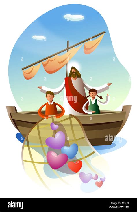 Jesus Christ standing a boy and a girl in a boat - alamy.com