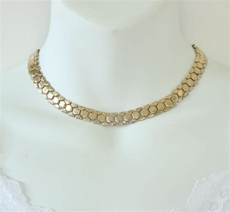 Jewelry Necklace Gold Tone Flat Geometric Design Hammered