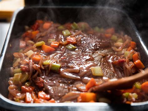 Jewish beef brisket recipe. Preheat the oven to 250°. Slice the brisket into thin slices against the grain and place them in a casserole dish, along with the vegetables. Spoon the sauce in between the slices and cover the ... 