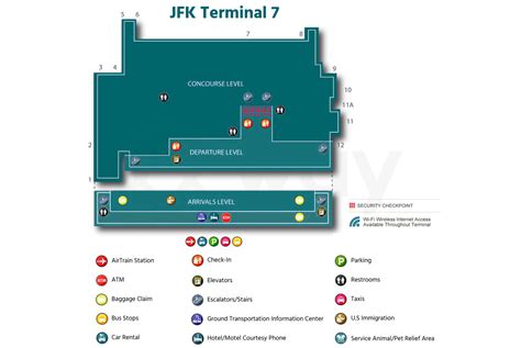 Services: snacks, drinks, Wi-Fi, showers, spa services, TV, private rooms, internet terminals, among others. Purchase your JFK Terminal 7 lounges. List of services at Terminal 7 of John F. Kennedy International Airport (JFK): Restaurants and Food, Stores and Duty Free, Banks. 