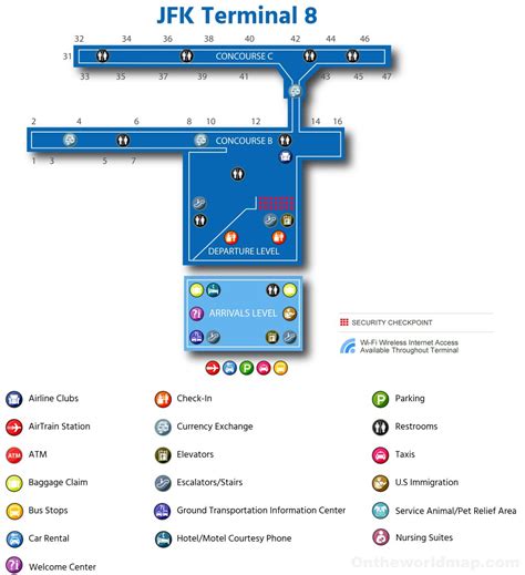 Terminal 8 map JFK Airport. Terminal 8 is different from other JFK airport terminals. Firstly, it is operated by American Airlines. Passengers of this company enjoy special privileges, including several lounge areas. Secondly, this terminal is the largest at this airport. It receives about 13 million passengers annually.. 