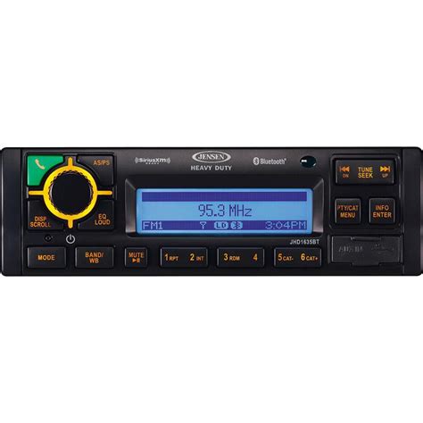Jensen JHD1635BT Head Unit; Full Dot Matrix LCD Display; SiriusXM Radio Ready ® Bluetooth ® /USB (MP3 & WMA) Input; Auxiliary Audio Input (3.5mm & RCA) CD/MP3/WMA; AM-FM Tuner with Presets; RBDS (Radio Broadcast Data Service) with PTY Search; Weatherband Tuner with SAME Technology; PA Mic Input; Mounting Brackets, Bushings, and Hardware