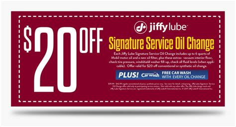 Save with Jiffy Lube ® Coupons. Find savings that suit your vehicle's needs. We are proud to offer our customers more than one way to save. ... $20 Off. Serpentine Belt Replacement. Get coupon. $15 Off. Transmission Fluid Exchange. Get coupon. $10 Off. Fuel System Cleaning. Get coupon. $25 Off. Brake Service. Get coupon. 15% Off. Ride Share …. 