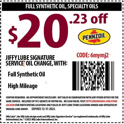 Jiffy lube coupons indiana. This isn’t your standard oil change. Whether it’s conventional, high mileage, synthetic blend or full synthetic oil, the Jiffy Lube Signature Service ® Oil Change at . 2621 E 3rd St is comprehensive preventive maintenance to check, change, inspect and fill essential systems and components of your vehicle. And, we vacuum the interior of ... 