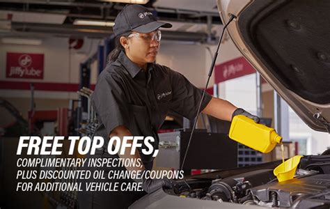 Jiffy lube jobs near me. With every Jiffy Lube Signature Service® Oil Change, we provide complimentary fluid top-off service on vital fluids including motor oil (the same type of oil purchased originally), transmission, power steering, differential/transfer case and washer fluids. Just stop by within 3,000 miles of your service mileage, and we will top off up to two ... 