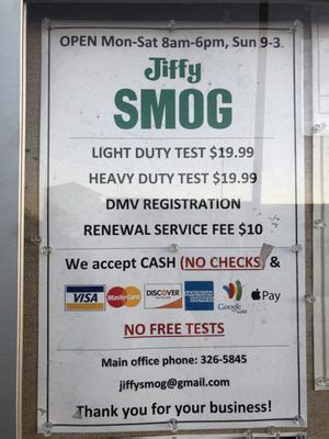 Jiffy Smog - A DEKRA company. 4.0 (60 reviews) 1.1 miles away from Smog Busters. ... Smog Check Coupon in Las Vegas. Smog Check No Pass No Pay in Las Vegas. Smog Test Open Today in Las Vegas. Usa Smog Testing in Las Vegas. Related Cost Guides. Car Wash. Car Window Tinting. DIY Auto Shop. Oil Change Stations.