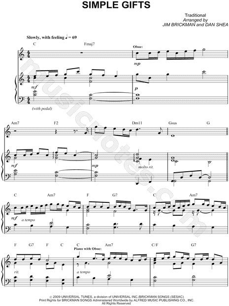 Jim Brickman "Simple Gifts" Sheet Music (Flute, Violin, Oboe or ...