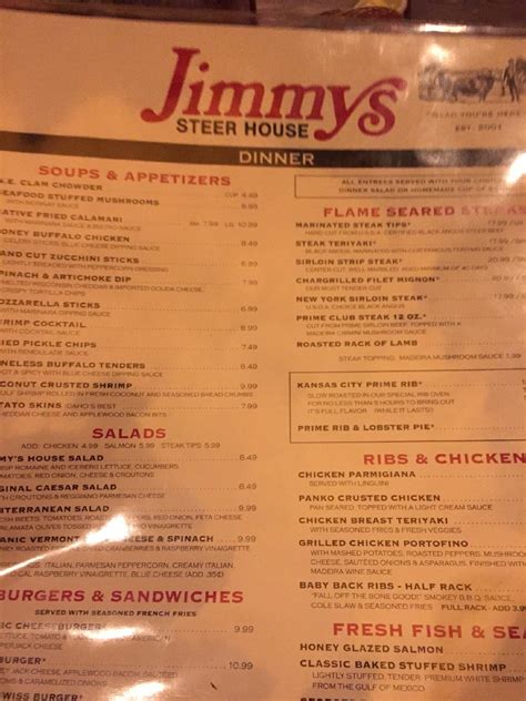 Jimmy's steakhouse saugus ma. ADD: CHICKEN 7.49 • STEAK TIPS 8.79 • GRILLED SALMON 7.79. Before placing your order, please inform your server if a person in your party has a food allergy. ALL ENTRÉES SERVED WITH YOUR CHOICE: DINNER SALAD OR HOMEMADE CUP OF SOUP STEAK TOPPING: MADEIRA MUSHROOM SAUCE 2.49. www.softcafe.com. SOUPS & APPETIZERS. 