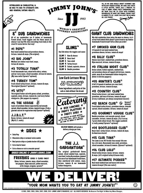 Jimmy John Printable Menu Customize and Print