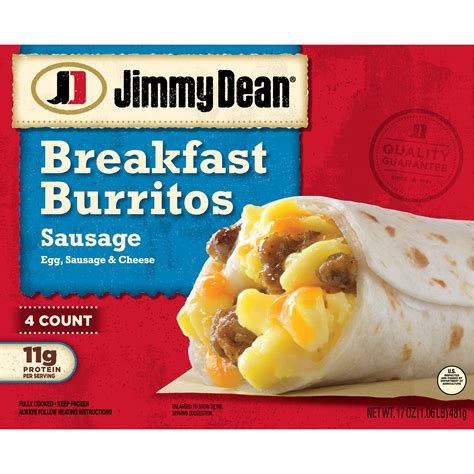 Jimmy dean breakfast burrito. Cook sausage in large skillet over MEDIUM-HIGH heat 8 minutes or until thoroughly cooked, stirring frequently. Crumble and drain, set sausage aside. Beat eggs in small bowl with wire whisk until well blended; pour into nonstick skillet sprayed with cooking spray. Cook on MEDIUM heat 2-3 minutes or until set, stirring occasionally. 