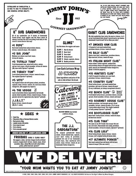 Find Jimmy John's at 1480 Wright Ave, Unit A, Alma, MI 48801: Discover the latest Jimmy John's menu and store information. ... 1480 Wright Ave, Unit A, Alma, Michigan 48801. 3.7 based on 268 votes. Hours. Hours may fluctuate. For detailed hours of operation, please contact the store directly. Jimmy John's Menu and Prices.. 