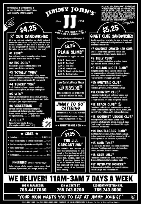 Looking for a Jimmy John's near you? Jimmy John's is a franchised sandwich restaurants chain founded in 1983. The company specializes in delivery. Its menu consists of plain slims; eight-second sub sandwiches, giant club sandwiches as well as the JJ Gargantuan. Others include sides and drinks.. 