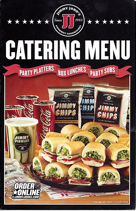 Updated May 27, 2018 - The Jimmy Johns catering menu below lists all of their catering menu items and current prices. Jimmy John's specializes in sandwich delivery. It was founded in 1983 in Charleston, Illinois. The company currently has more than 3,000 locations around the United States. They continue to add 200-500 locations every year.. 