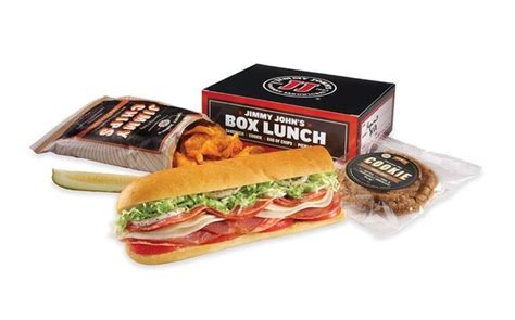 Jimmy john box lunch. Each box lunch comes with your choice of individually wrapped 8” sandwich, and choice of Jimmy Chips®, chocolate chip cookie or raisin oatmeal cookie and a pickle spear. Our sandwich party boxes come in 18 or 30 pieces of wrapped 1/3 sandwiches, and are great for office parties, birthday parties and watching the game with friends. 