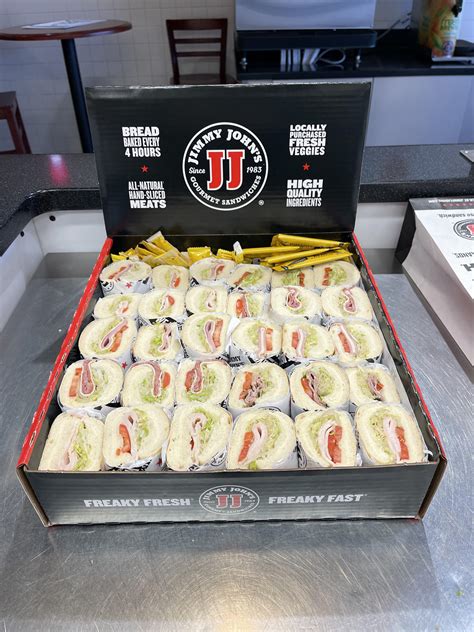 Jimmy johns box. Box Lunches: Pepe (Minimum of 4) $7.95: Big John (Minimum of 4) $7.95: Totally Tuna (Minimum of 4) $7.95: Cookies, Chips & Pickles: Real Potato Chips: $1.25: … 