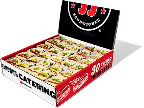 Each box lunch comes with your choice of individually wrapped 8” sandwich, and choice of Jimmy Chips®, chocolate chip cookie or raisin oatmeal cookie and a pickle spear. Our sandwich party boxes come in 18 or 30 pieces of wrapped 1/3 sandwiches, and are great for office parties, birthday parties and watching the game with friends.
