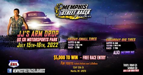 Bring the family out to meet JJ, Tricia, Precious, and the rest of the Memphis Street Outlaws along with the fastest racers from around the country who will compete for big money. Event Details JJ Da Boss' #StreetRace At JJ'S ARMDROP - MOTOR MILE DRAGWAY - 6749 Lee Highway, Fairlawn, VA 24141. 