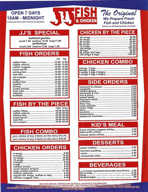 Jj fish and chicken old national. J J Fish & Chicken . 3602 Old Spanish Trl C Houston, TX 77021 (832) 582-5628. Now Accepting Orders. Opening Hours 10:00 AM - Midnight Business Hours Monday ... Big JJ Seafood Platter Snow crab legs (5 clusters) and shrimp (20 piece), served with sausage (2 piece), corn and potatoes (2 each). ... 
