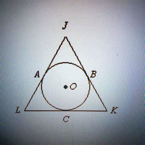  KL, and LJ are all tangent to circle O (not drawn to scale), and JK is congruent to LJ. JA=15 AL=9 , and CK=6. Find the perimeter of Triangle JKL * 42 30 48 60. Solution. Samuel. High school teacher · Tutor for 5 years. Answer: 60 . .