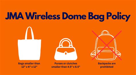 Jma dome bag policy. Each fan is allowed to bring one clear bag and one small clutch or purse into the Dome. Approved bags allowed are a 12” x 6” x 12” clear tote OR a one-gallon clear plastic … 