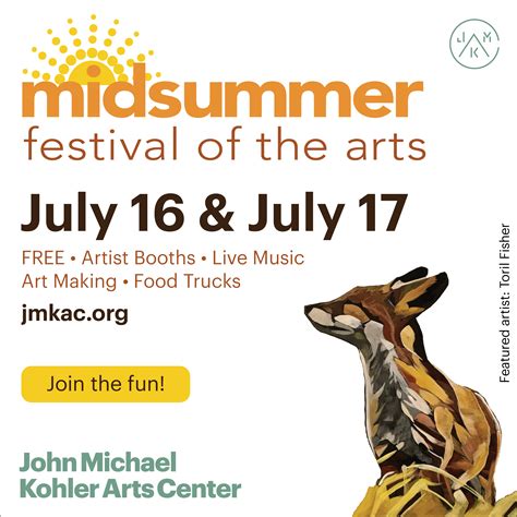Sunday, July 16, 2023. 10:00 a.m.–4:00 p.m. Free Admission. 100 Artist Booths • Live Music • Exhibitions • Demonstrations • Art Making • Food Trucks. Now in its fifty-third year, the Midsummer Festival of the Arts has …. 