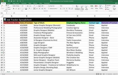 Job Application Template Excel