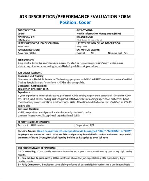Job Description Performance Evaluation Form