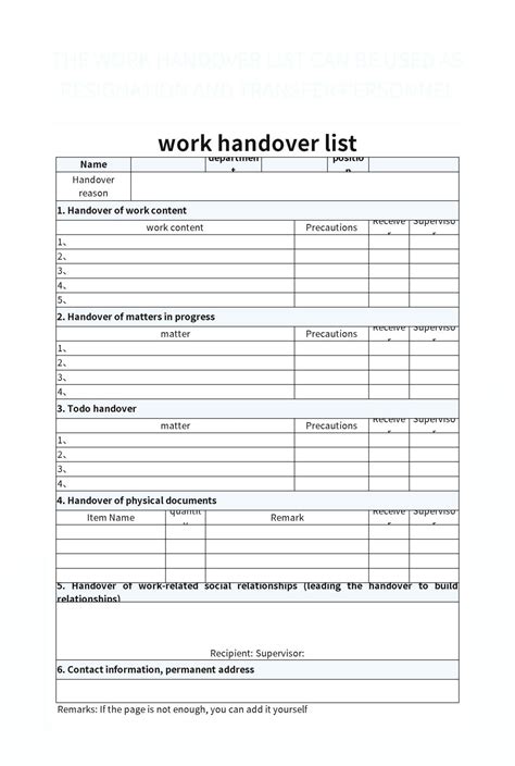 Job Handover Template Excel Database
