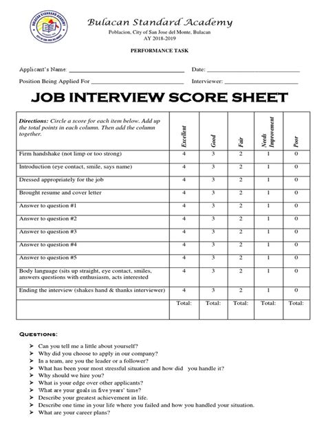 Job Interview Score Sheet Job Interview Psychology & Cognitive