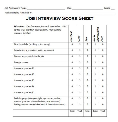 Job Interview Score Sheets