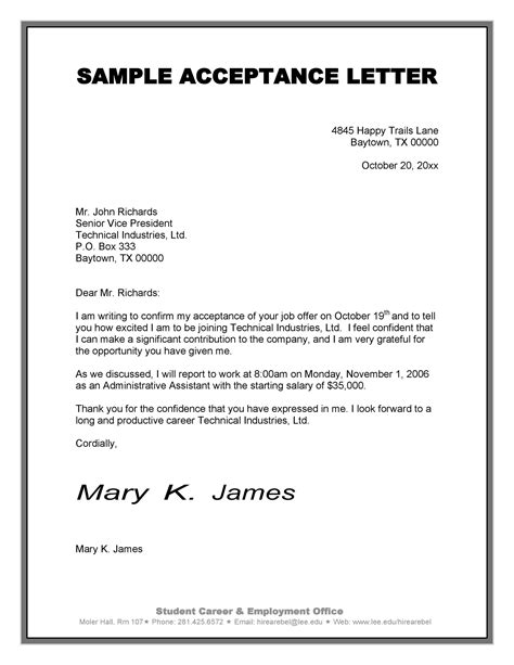 Job Offer Acceptance Letter Template