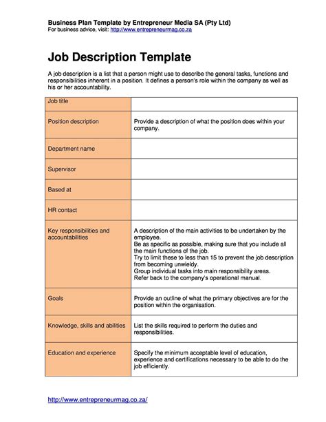 Job description template. A job description template is an easy to use document that businesses can reuse to document what takes place in various jobs. The job description template includes room for the job title, a general job description, major responsibilities, minor responsibilities, qualifications someone needs to successfully complete the job, and key competencies to successfully complete the job. 