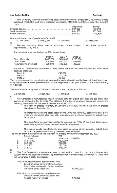 Job-order-costing compress - Job Order Costing Pre-test Pink