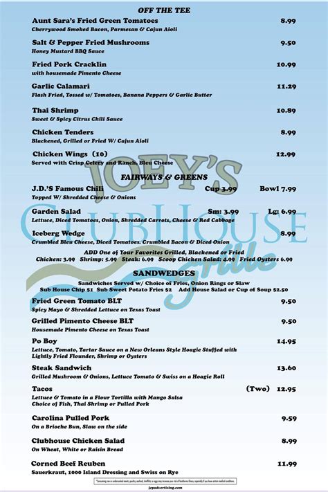 Menu added by users March 16, 2023. You may explore the information about the menu and check prices for Joey's Clubhouse Grille at Tidewater Golf Club by following the link posted above. restaurantguru.com takes no responsibility for availability of the Joey's Clubhouse Grille at Tidewater Golf Club menu on the website. The actual menu of the .... 
