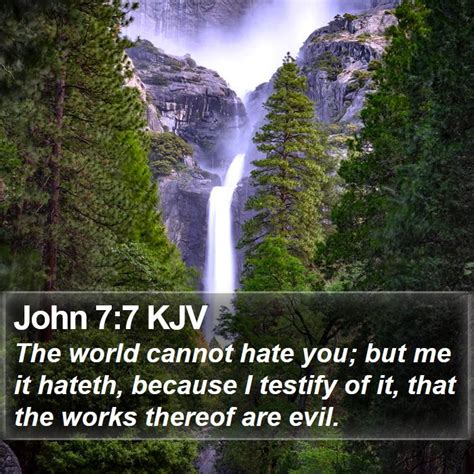 John 7:7King James Version. 7 The world cannot hate you; but me it hateth, because I testify of it, that the works thereof are evil. Read full chapter. John 7:7 in all English translations. John 6. . 
