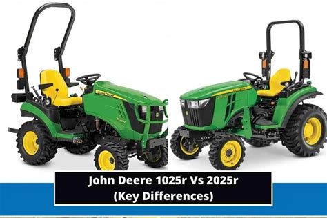 The John Deere 1025R and 2025R are two compact utility tractors with similar features but a few that vary. The 1025R has an engine with 24.8-horsepower and a maximum load capacity of 1,800-lbs and a maximum lift capacity of 1,723-lbs.