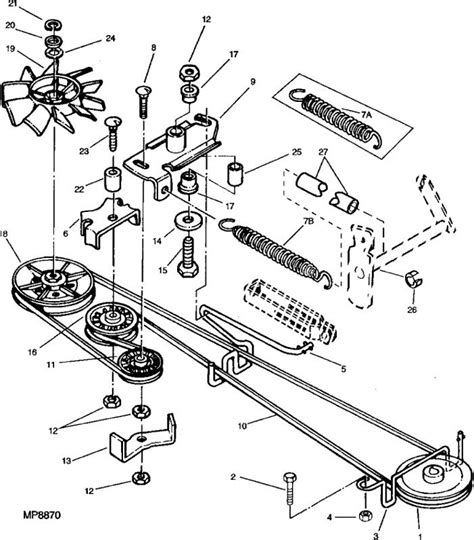 John deere 210 drive belt diagram. The parts in the mower deck belt diagram are listed below with their respective numbers on the diagram shown above. 12. Belt Mower Primary (S/N 150001-) 13. Secondary Deck Drive Belt . 15. Front Roller. 16. Blade- Side Discharge. 16. Blade- Mulching 54'' 16. Blade- High Lift 54'' Parts Detail in John Deere 54 Inch Mower Deck Belt 