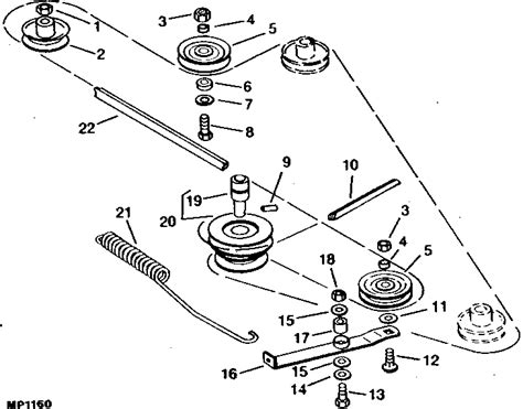 The parts in the mower deck belt diagram are listed below with their respective numbers on the diagram shown above. 12. Belt Mower Primary (S/N 150001-) 13. Secondary Deck Drive Belt . 15. Front Roller. 16. Blade- Side Discharge. 16. Blade- Mulching 54'' 16. Blade- High Lift 54'' Parts Detail in John Deere 54 Inch Mower Deck Belt. 
