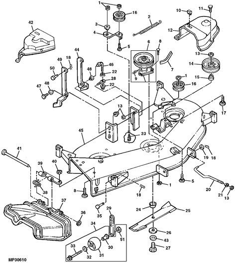 John deere 318 mower deck parts diagram. 1. John Deere Right-Hand Belt Cover. The deck on your 42-inch John Deere lawnmower deck has two belt covers on either side. As the name suggests, the right-hand belt cover sits on the right side of the deck, shielding the V-belt from that end. The right-hand belt cover on your mower deck is black, so you should easily identify it by eyeballing ... 