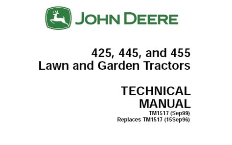 John deere 445 service manual pdf download. Factory Technical Manual For John Deere 425, 445, 455 Lawn And Garden Tractors. Illustrations, instructions, diagrams for Systems Diagnosis, Theory of Operation, Performance Testing, Tests and Adjustments, Operational Check, Unit Locations, Diagnostic Codes, Schematics and a lot of other useful information for service and repair remove and install, assembly and disassembly, inspection ... 