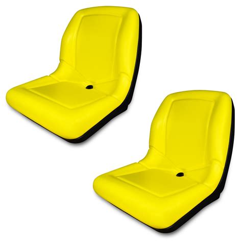 Description. John Deere Complete Replacement High-Back Seat Assembly. Replaced by A-TY15863. Features: Heavy-duty, molded yellow, vinyl cover for durability. "John Deere" embossed in backrest. One to two inches of high resiliency foam padding for comfort. Formed, heavy-duty steel pan for durability.. 