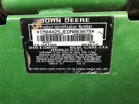 John deere vin. Product Identification And Serial Number Plate An individual product identification and serial number is assigned to each machine. When writing about or filling out warranty claims, use all the characters shown on the plate. Example: 1M0850TB++M010001 1M0-Factory Designation (Horicon Works) 850T-Model or Machine Designation B … 