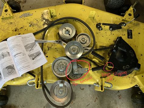 I have a John Deere x350 48” Accel deck. On the top of the deck are 2 large springs to provide tension to the drive belt and the transmission belt. The transmission belt has no tension and the spring … read more.