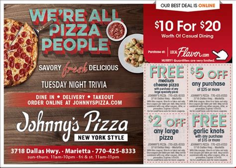 Johnny's pizza coupons. Offers – Johnny's Pizza House. Home. Offers. Order Yours Now! Looking for more OFFERS? Get them in your EMAIL or on your CELL PHONE. Just Sign-Up below. EMAIL. First Name. Last Name. Email. Subscribe Me to Email Offers! TEXT. Text the word. PIZZA. to. 39670. 