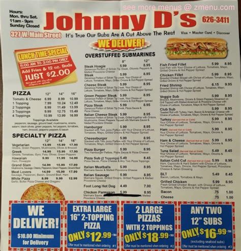 Johnny d's pizza menu. Free Large Pizza or $10.00 off your next order when you save $165 in Johnny D’s receipts Catering for all Occasions 609-383-6969 44 N. Main St. • Downtown Pleasantville, J Open 7 Days 11am – 3am Johnnydspizza.com Eat In, Take Out of Fast Delivery to Pleasantville, West Atlantic City and parts of Northfield, Absecon & Egg Harbor Township 