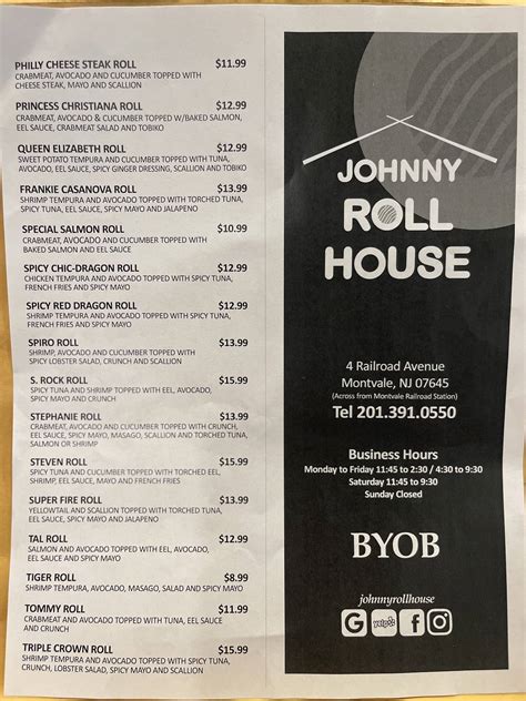 Johnny Roll House. (5 Reviews) 4 Railroad Ave, Montvale, NJ 07645, USA. Report Incorrect Data Share Write a Review. Contacts. Customer Ratings and Reviews. Karen Strat on Google. (February 6, 2019, 12:31 am) Friendly, quick service, parking in the back, and delicious sushi! The soup and salad were both well done, as well. general_nucleus on Google.. 